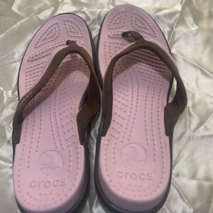 CROCS Pink Footbed Brown Strap Flip Flops